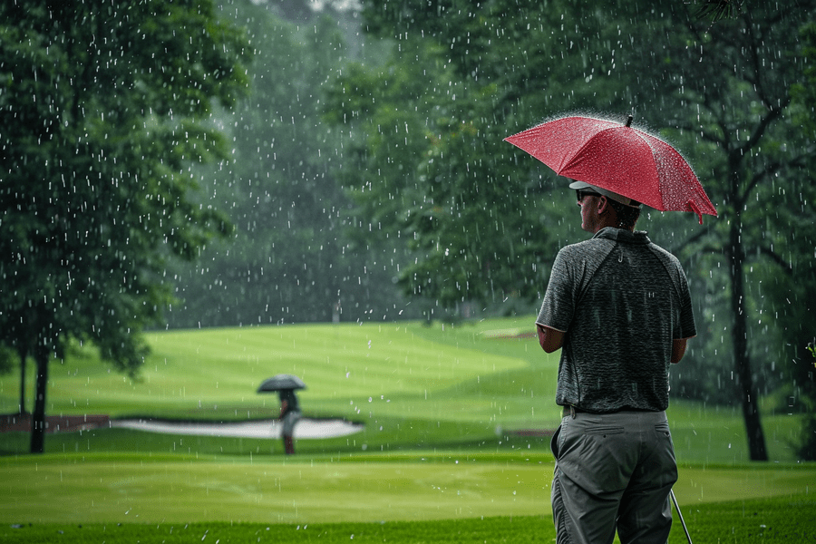 Man holding umbrella playing golf
