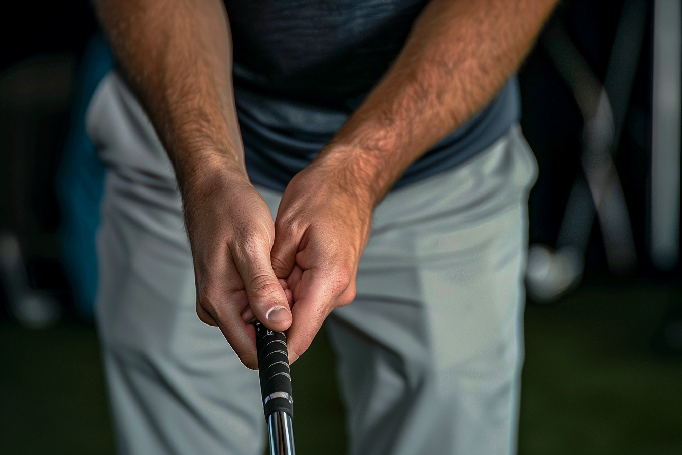 A person holding a golf club with an interlocking grip