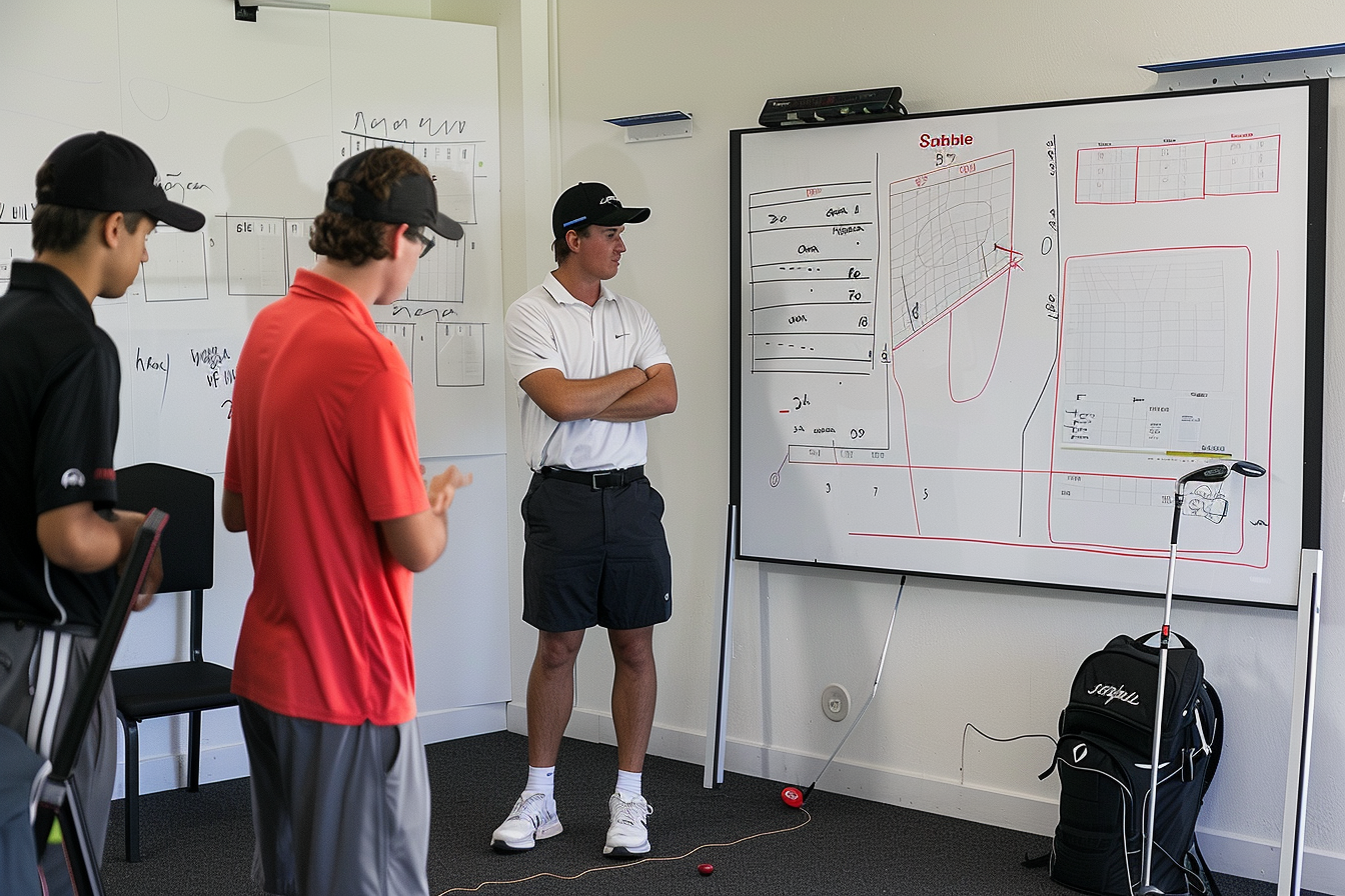 Three golfers looking at the driving range practice plan on a whiteboard