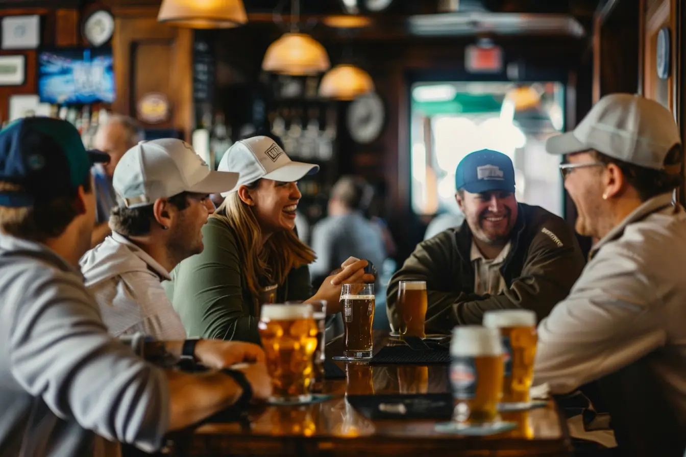 A bunch of friends enjoying beers at the pub during their pub golf event 