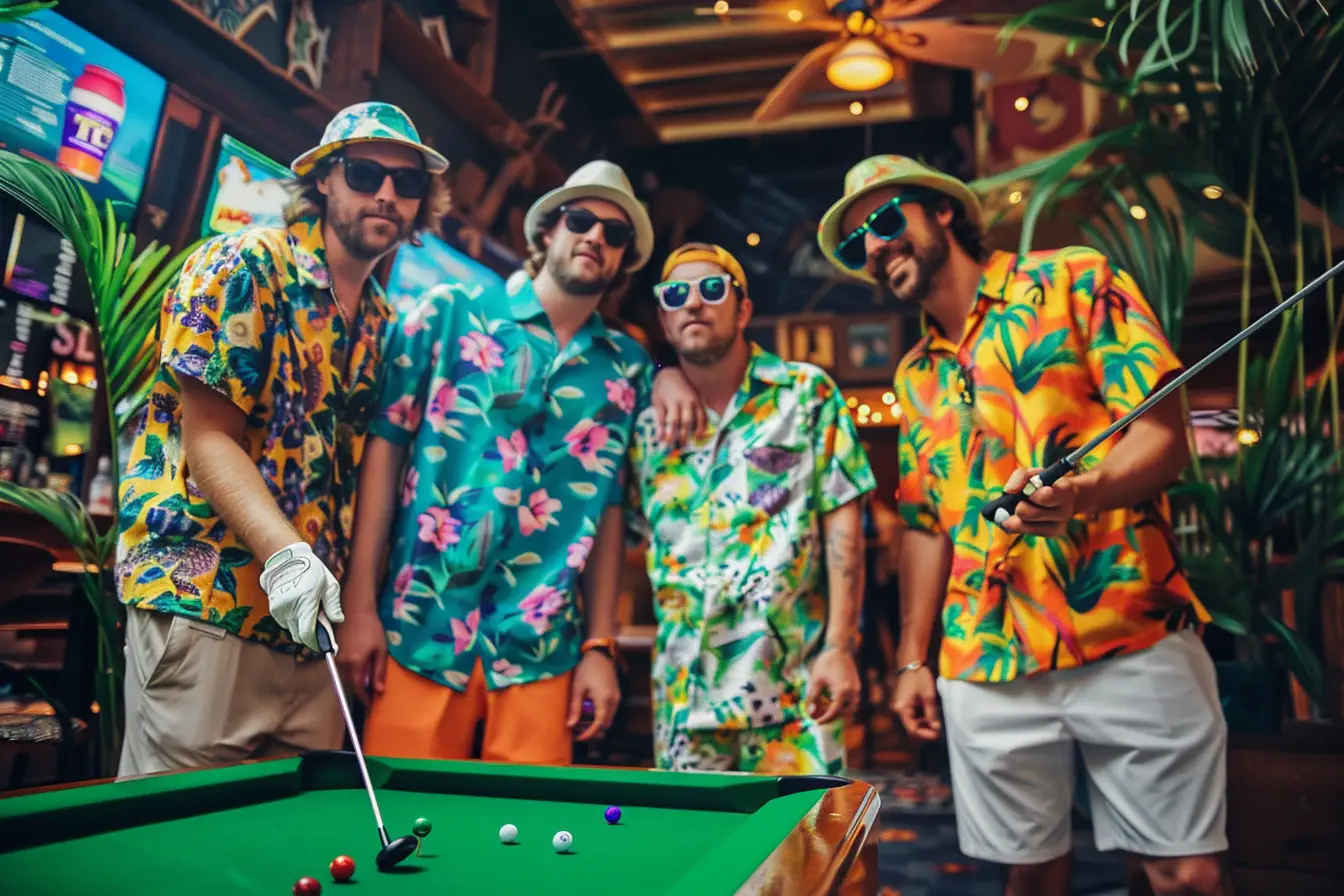 Pub golf team playing pool golf with their Hawaiian shirts on
