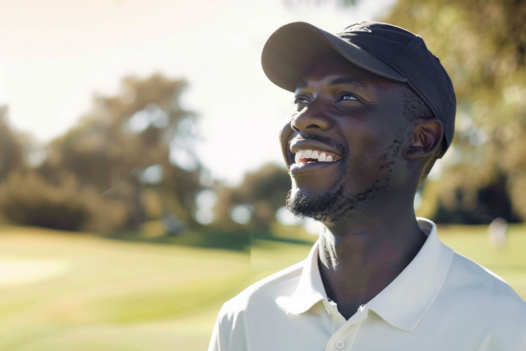 Man in a cap smiling while playing golf 