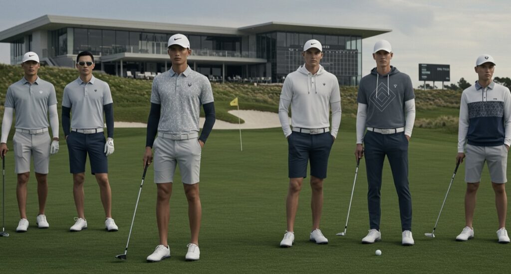 6 men standing on a gold green