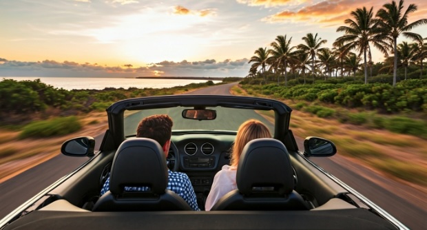 Couple driving in convertible into the sunset