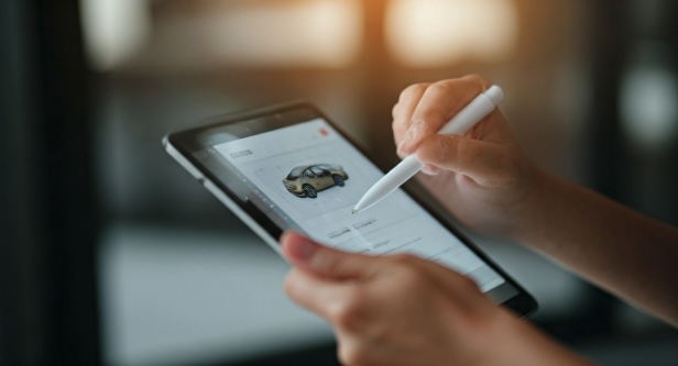 Person writing on an Ipad